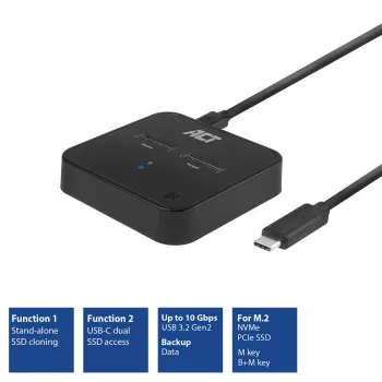 Estación de clonado con doble docking para SSD M.2 NVMe/PCIe ACT, USB-C 3.2 Gen2