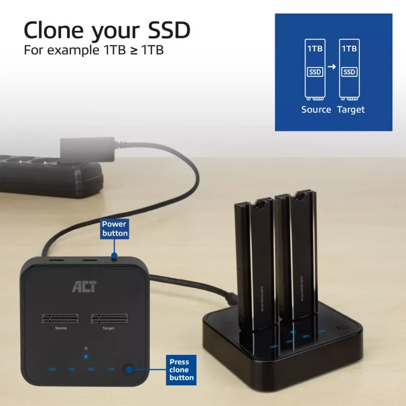 Estación de clonado con doble docking para SSD M.2 NVMe/PCIe ACT, USB-C 3.2 Gen2
