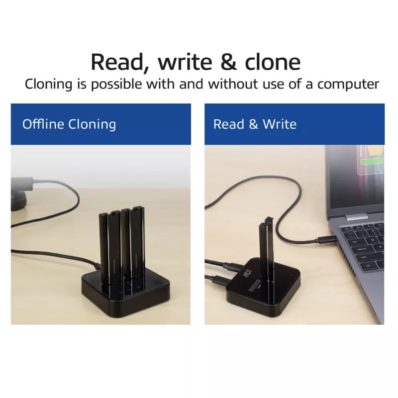 Estación de clonado con doble docking para SSD M.2 NVMe/PCIe ACT, USB-C 3.2 Gen2