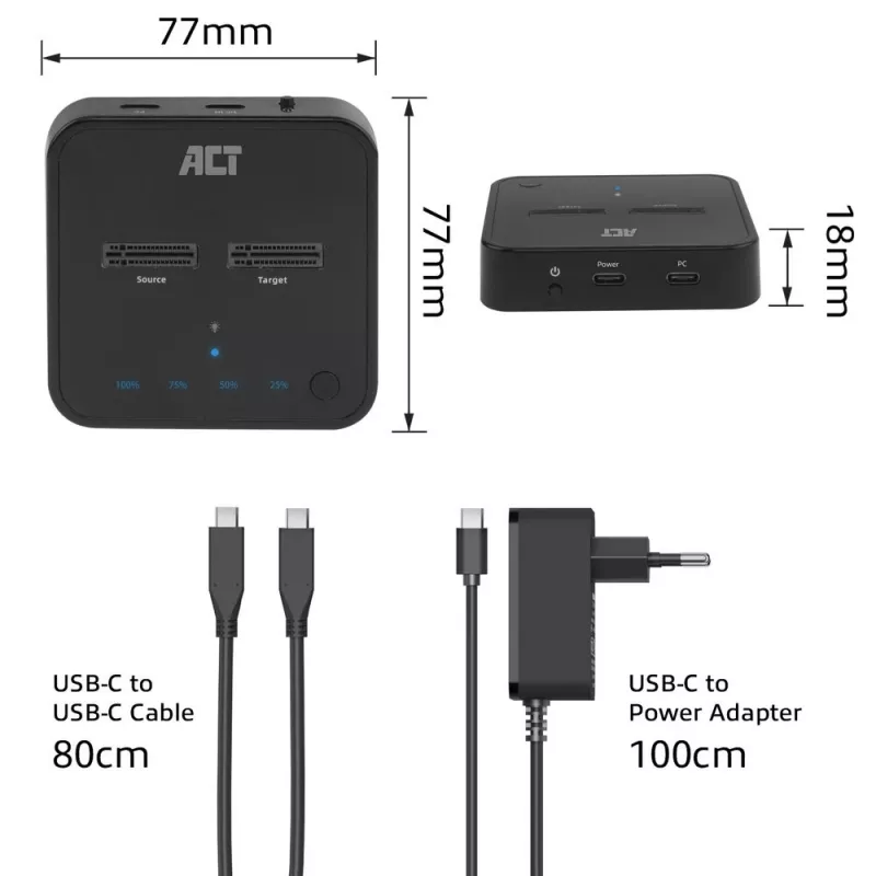 Estación de clonado con doble docking para SSD M.2 NVMe/PCIe ACT, USB-C 3.2 Gen2