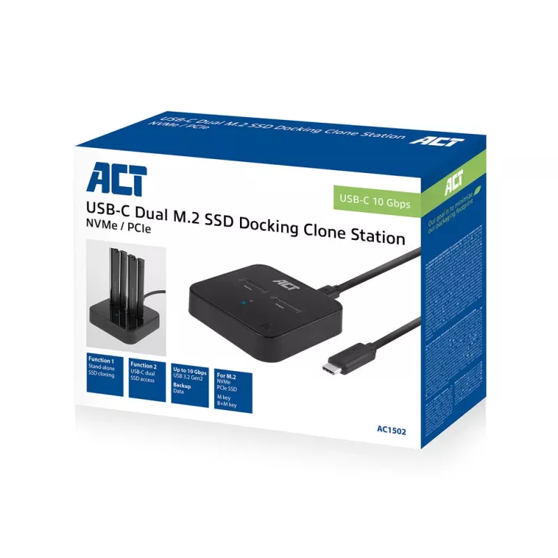 Estación de clonado con doble docking para SSD M.2 NVMe/PCIe ACT, USB-C 3.2 Gen2