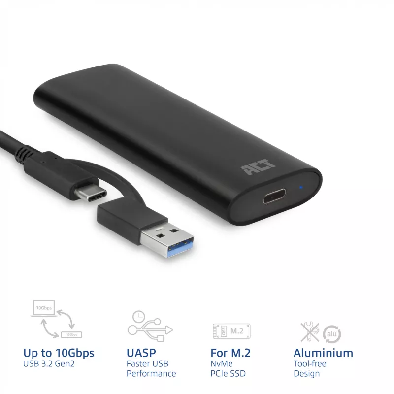Carcasa SSD ACT AC1615 USB-C M.2 NVMe PCIe 10 Gbit/s negro