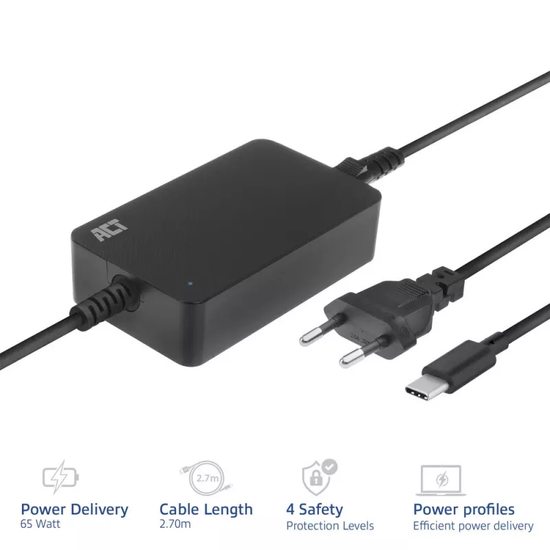 Cargador de portátil USB-C ACT con perfiles Power Delivery 65 W, portátil, interior, 100–240 V, 50/60 Hz, 65 W, 5–20 V