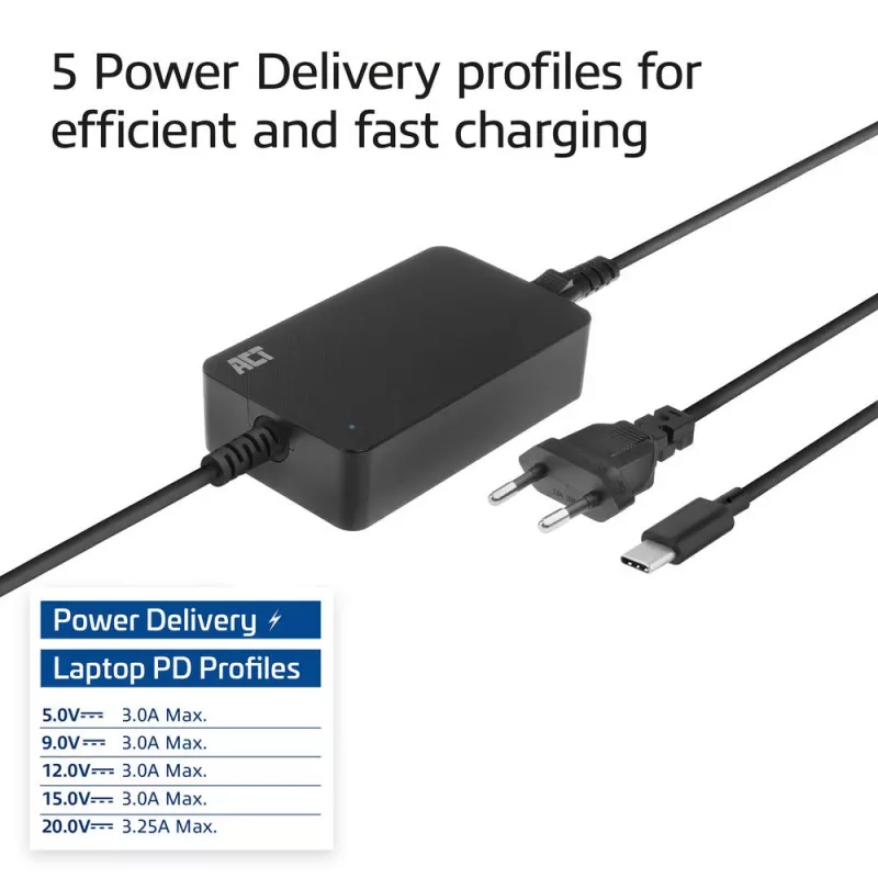 Cargador de portátil USB-C ACT con perfiles Power Delivery 65 W, portátil, interior, 100–240 V, 50/60 Hz, 65 W, 5–20 V