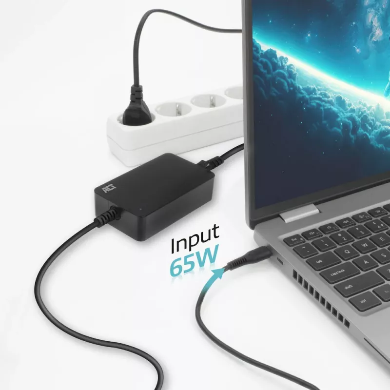 Cargador de portátil USB-C ACT con perfiles Power Delivery 65 W, portátil, interior, 100–240 V, 50/60 Hz, 65 W, 5–20 V