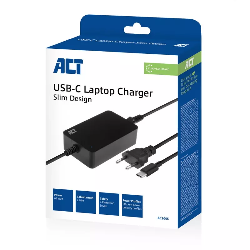 Cargador de portátil USB-C ACT con perfiles Power Delivery 65 W, portátil, interior, 100–240 V, 50/60 Hz, 65 W, 5–20 V