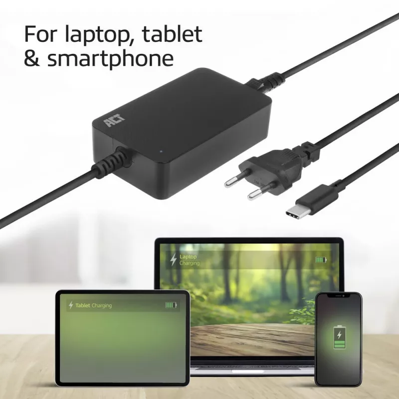 Cargador de portátil USB-C ACT con perfiles Power Delivery 65 W, portátil, interior, 100–240 V, 50/60 Hz, 65 W, 5–20 V