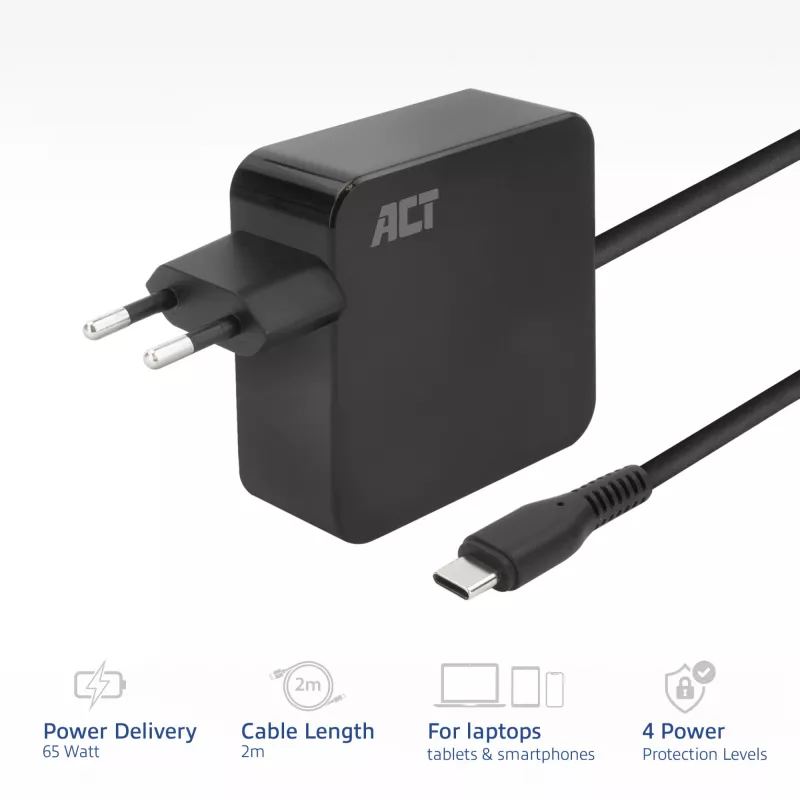 Fuente de alimentación para portátil USB-C ACT 65W con perfiles Power Delivery, 2 metros