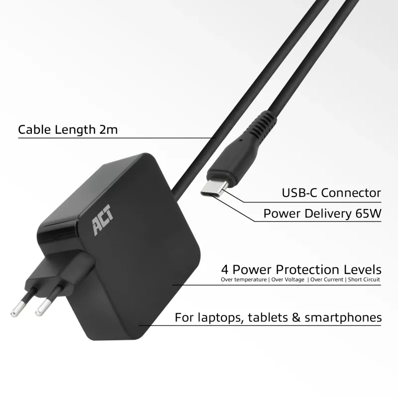Fuente de alimentación para portátil USB-C ACT 65W con perfiles Power Delivery, 2 metros