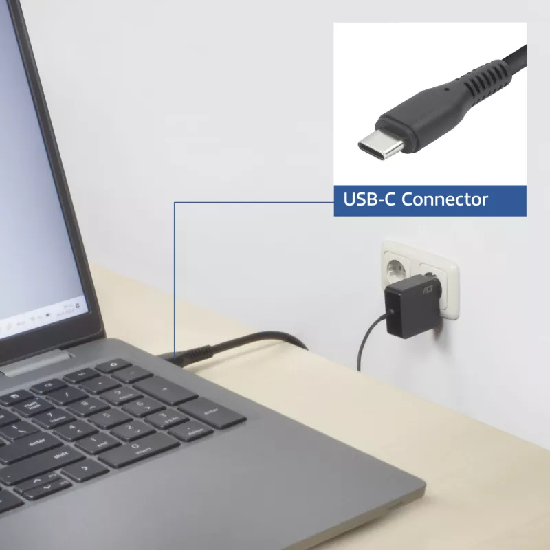 Fuente de alimentación para portátil USB-C ACT 65W con perfiles Power Delivery, 2 metros
