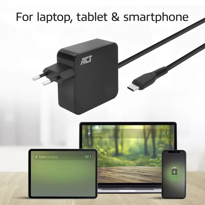 Fuente de alimentación para portátil USB-C ACT 65W con perfiles Power Delivery, 2 metros