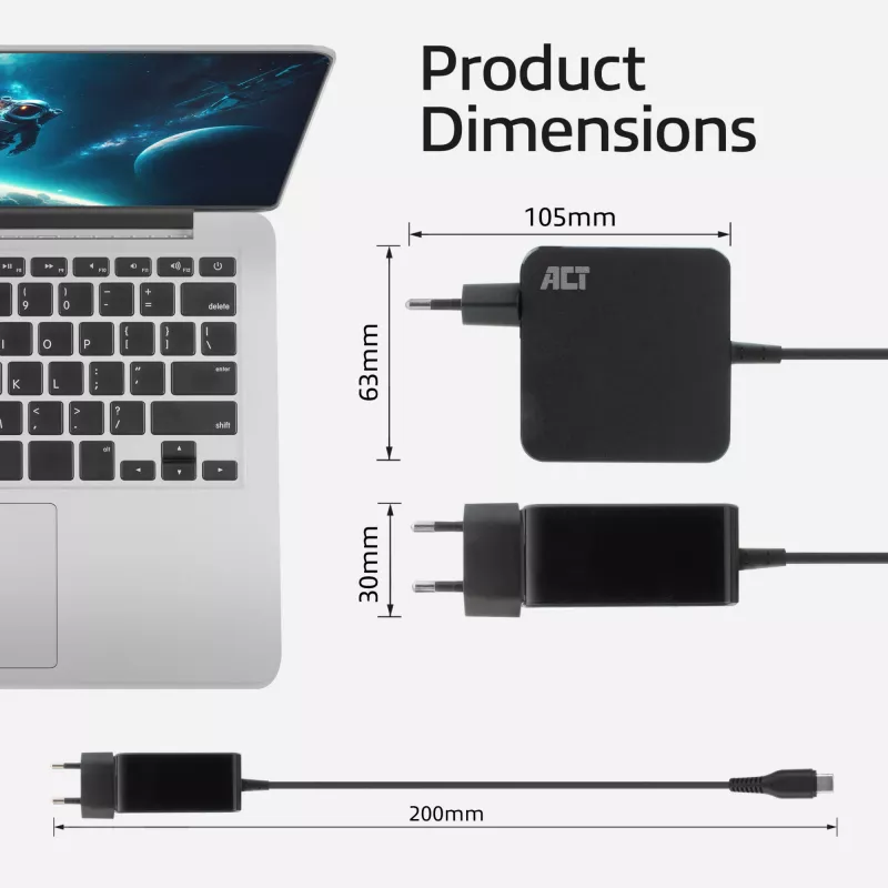 Fuente de alimentación para portátil USB-C ACT 65W con perfiles Power Delivery, 2 metros