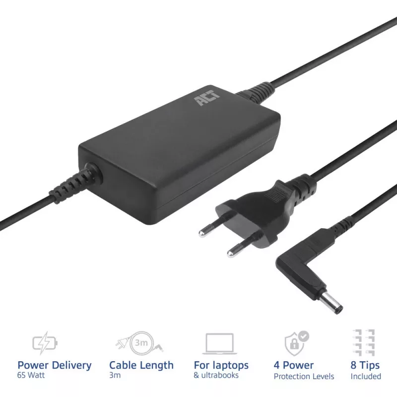 Cargador slim para portátil ACT AC2055 de 65 W, para portátiles de hasta 15,6 pulgadas, 8 puntas, 3 m, negro
