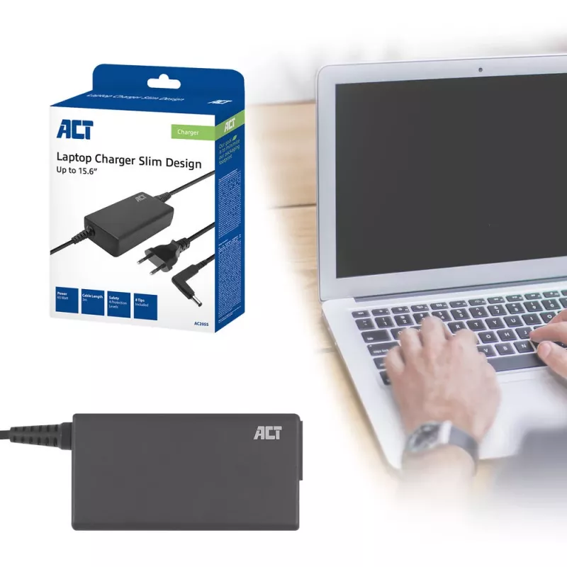 Cargador slim para portátil ACT AC2055 de 65 W, para portátiles de hasta 15,6 pulgadas, 8 puntas, 3 m, negro