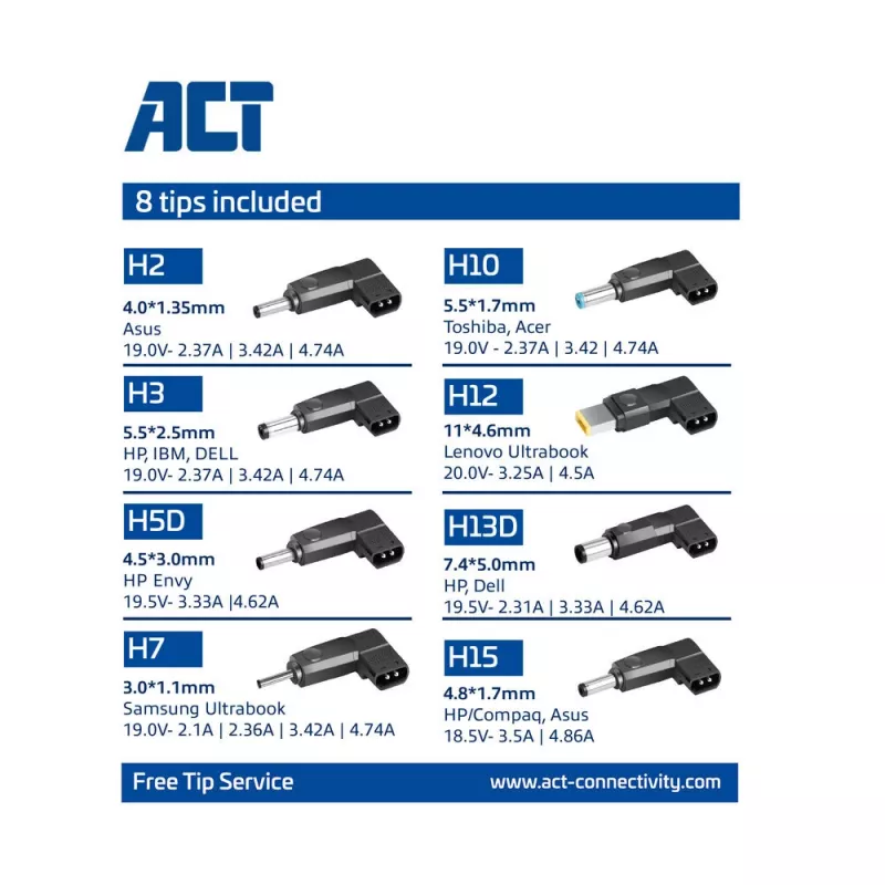 Cargador slim para portátil ACT AC2055 de 65 W, para portátiles de hasta 15,6 pulgadas, 8 puntas, 3 m, negro