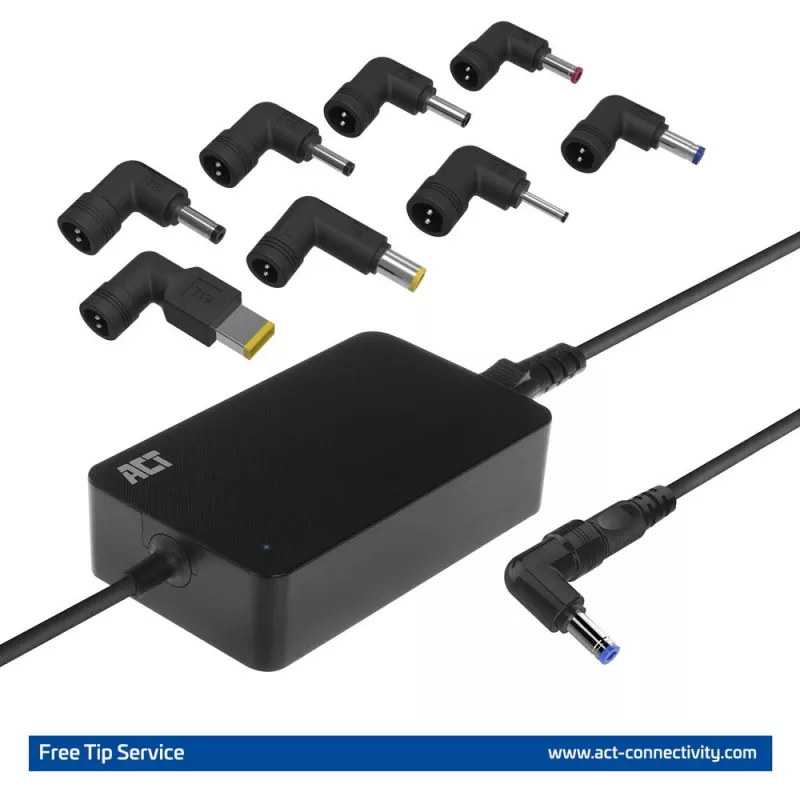 Cargador slim para portátil ACT AC2055 de 65 W, para portátiles de hasta 15,6 pulgadas, 8 puntas, 3 m, negro