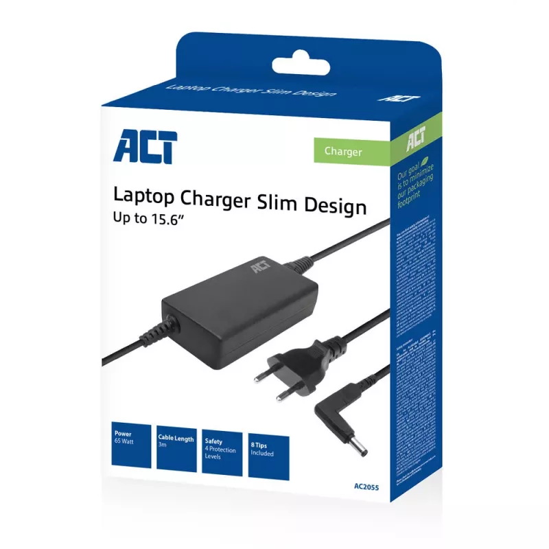 Cargador slim para portátil ACT AC2055 de 65 W, para portátiles de hasta 15,6 pulgadas, 8 puntas, 3 m, negro