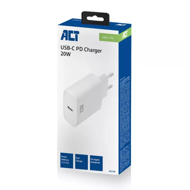 Adaptador de carga USB-C compacto ACT 20W carga rápida interior universal blanco