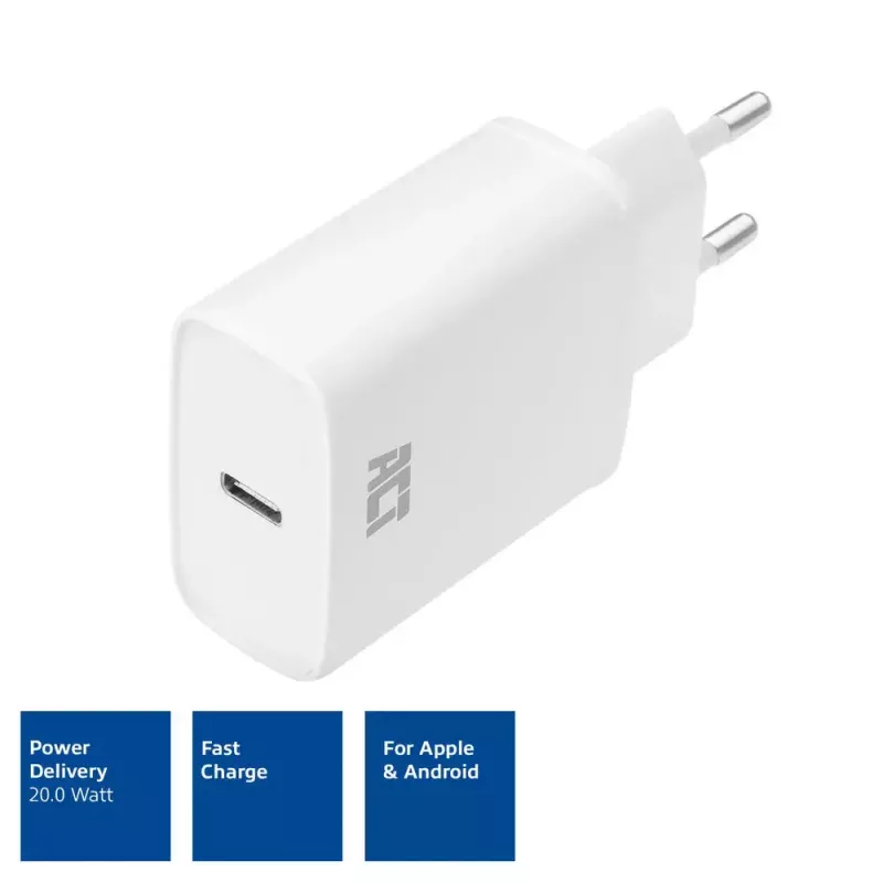 Adaptador de carga USB-C compacto ACT 20W carga rápida interior universal blanco