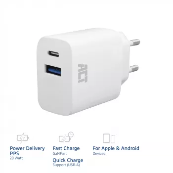 Cargador USB-C y USB-A ACT 20 W con Power Delivery PPS, Quick Charge, GaNFast