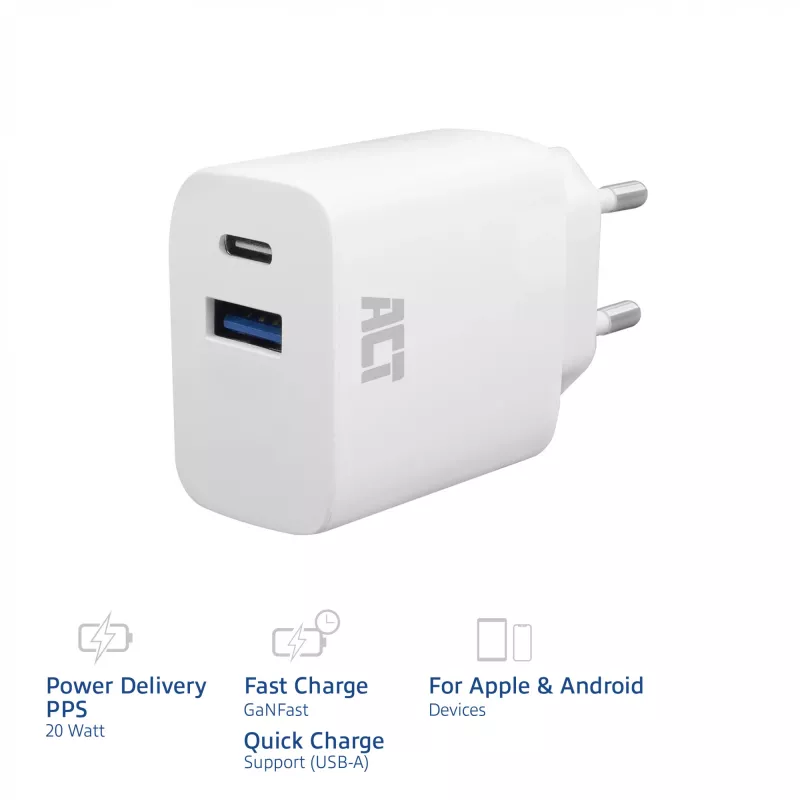 Cargador USB-C y USB-A ACT 20 W con Power Delivery PPS, Quick Charge, GaNFast