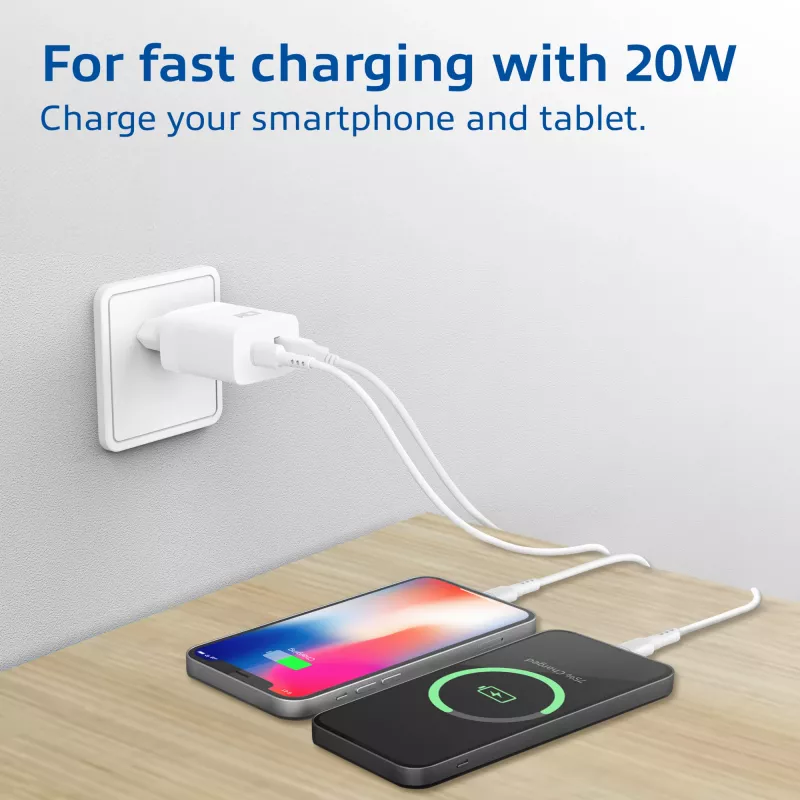Cargador USB-C y USB-A ACT 20 W con Power Delivery PPS, Quick Charge, GaNFast