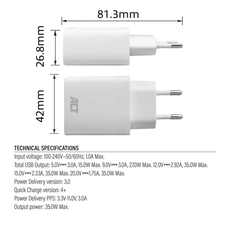 Cargador USB-C ACT 35W Power Delivery PPS GaNFast universal