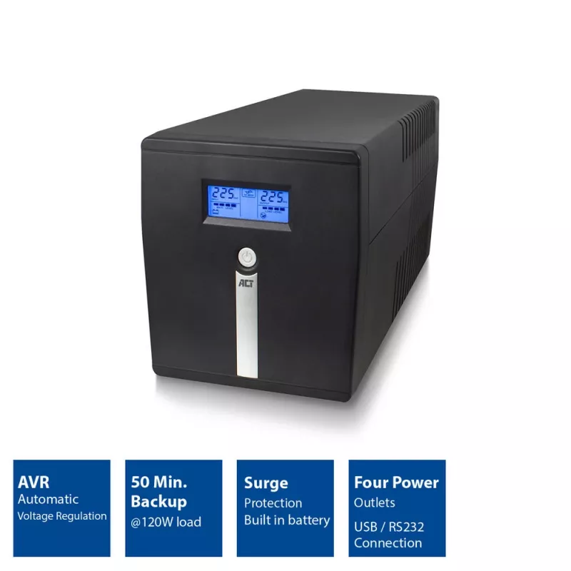 SAI Line Interactive ACT 1000VA - 600W con AVR, pantalla LCD