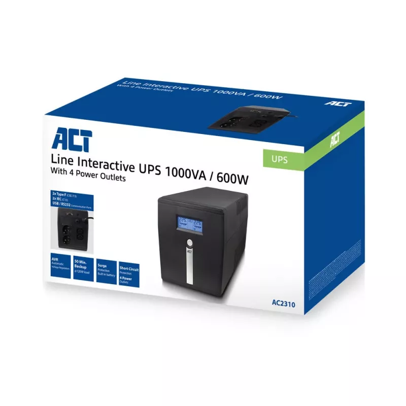 SAI Line Interactive ACT 1000VA - 600W con AVR, pantalla LCD