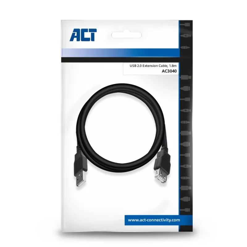 Cable alargador USB 2.0 ACT macho A - hembra A 1,8 metros, bolsa zip