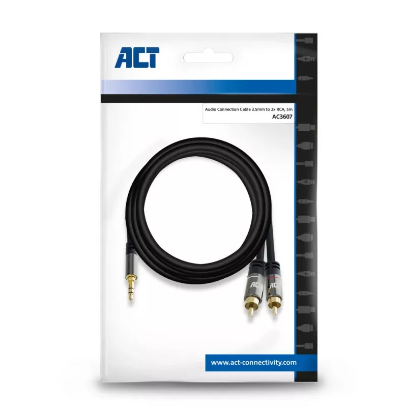 Cable de conexión de audio de alta calidad ACT 5 metros 1x conector jack 3,5 mm – 2x conector RCA