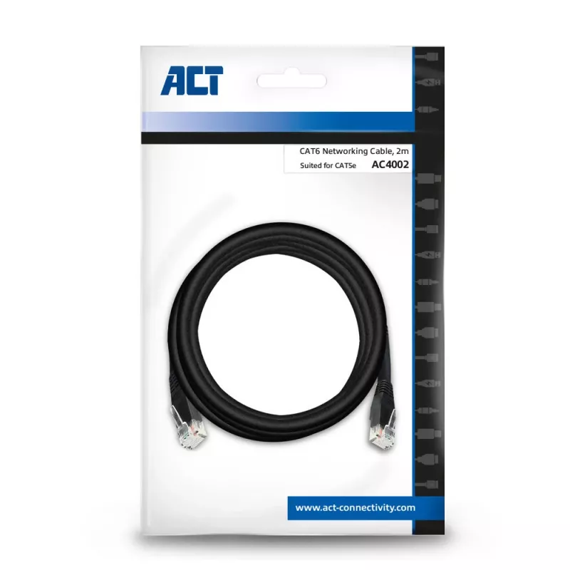 ACT Black cable de red U/UTP CAT6 de 2,0 m con conectores RJ45