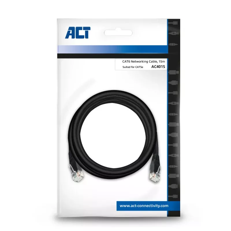ACT Black cable de red U/UTP CAT6 de 15,0 metros con conectores RJ45
