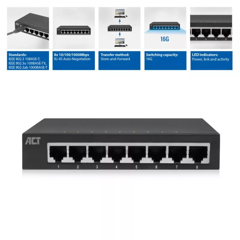 Switch no gestionado ACT AC4418 8 puertos Gigabit Ethernet 10/100/1000