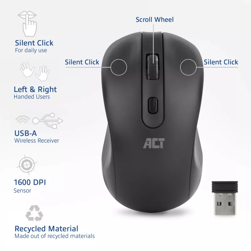 ACT AC5105 ratón inalámbrico ambidiestro, negro