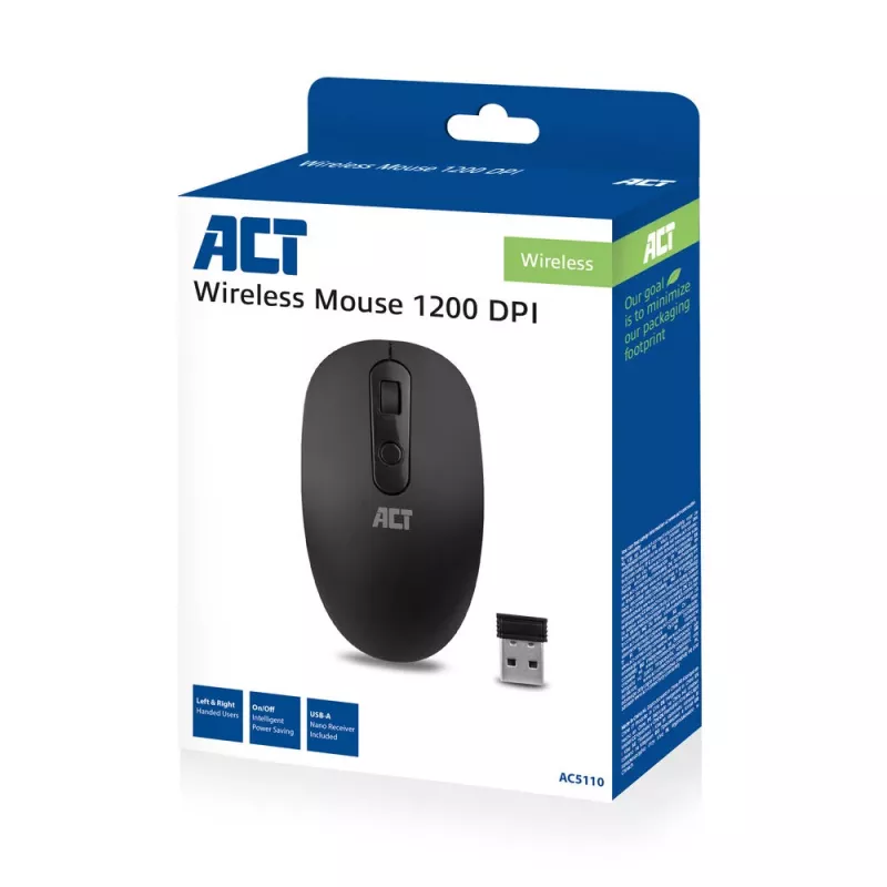 Ratón inalámbrico ACT 1200 DPI, ambidiestro, RF inalámbrico, 1200 DPI, negro