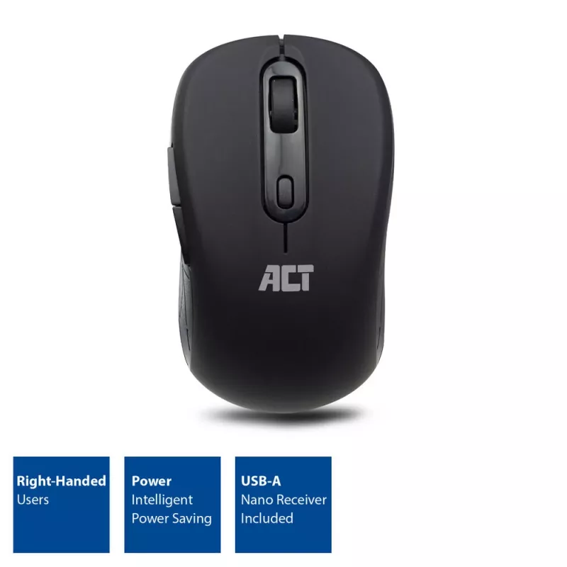 ACT AC5125 ratón inalámbrico, ambidiestro, 1600 DPI, negro