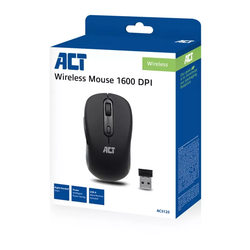 ACT AC5125 ratón inalámbrico, ambidiestro, 1600 DPI, negro