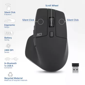 Ratón inalámbrico multi-conexión ACT con Bluetooth o receptor USB-A, 2400 DPI con clic silencioso, ecológico
