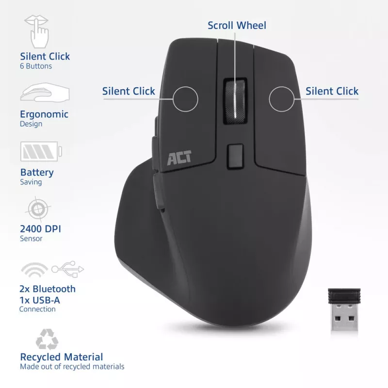 Ratón inalámbrico multi-conexión ACT con Bluetooth o receptor USB-A, 2400 DPI con clic silencioso, ecológico