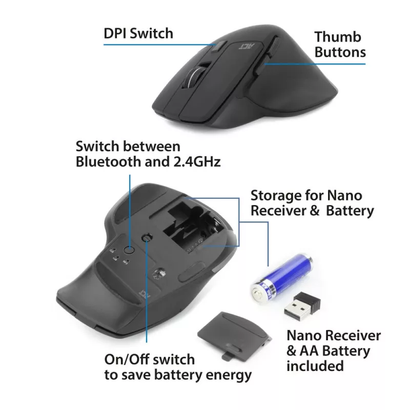 Ratón inalámbrico multi-conexión ACT con Bluetooth o receptor USB-A, 2400 DPI con clic silencioso, ecológico