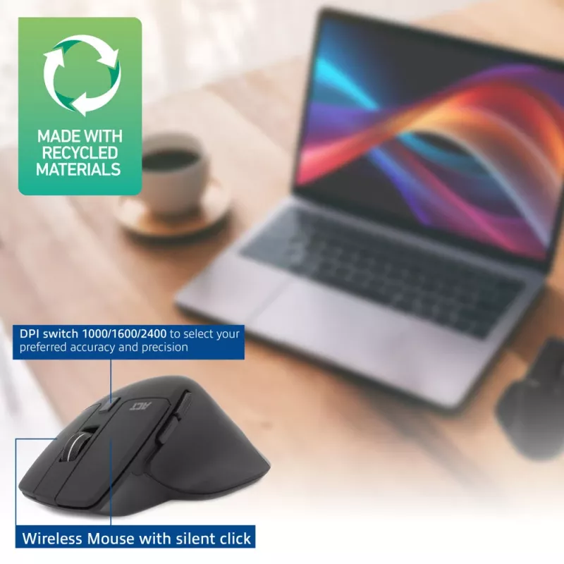 Ratón inalámbrico multi-conexión ACT con Bluetooth o receptor USB-A, 2400 DPI con clic silencioso, ecológico