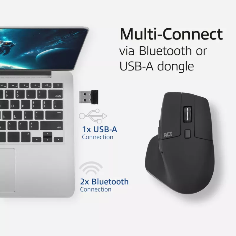 Ratón inalámbrico multi-conexión ACT con Bluetooth o receptor USB-A, 2400 DPI con clic silencioso, ecológico