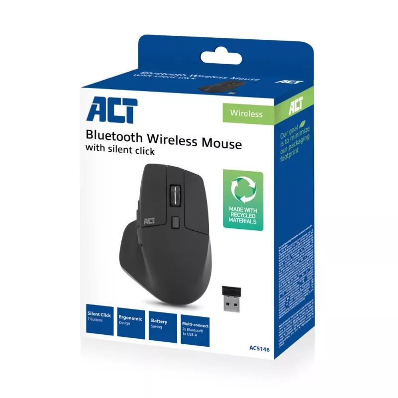 Ratón inalámbrico multi-conexión ACT con Bluetooth o receptor USB-A, 2400 DPI con clic silencioso, ecológico