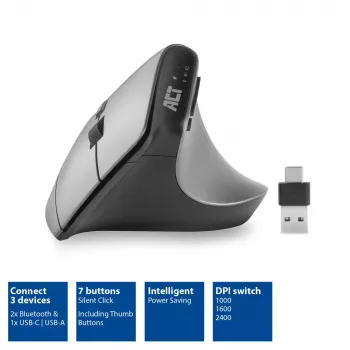 Ratón ergonómico inalámbrico ACT con Bluetooth y USB-C/USB-A