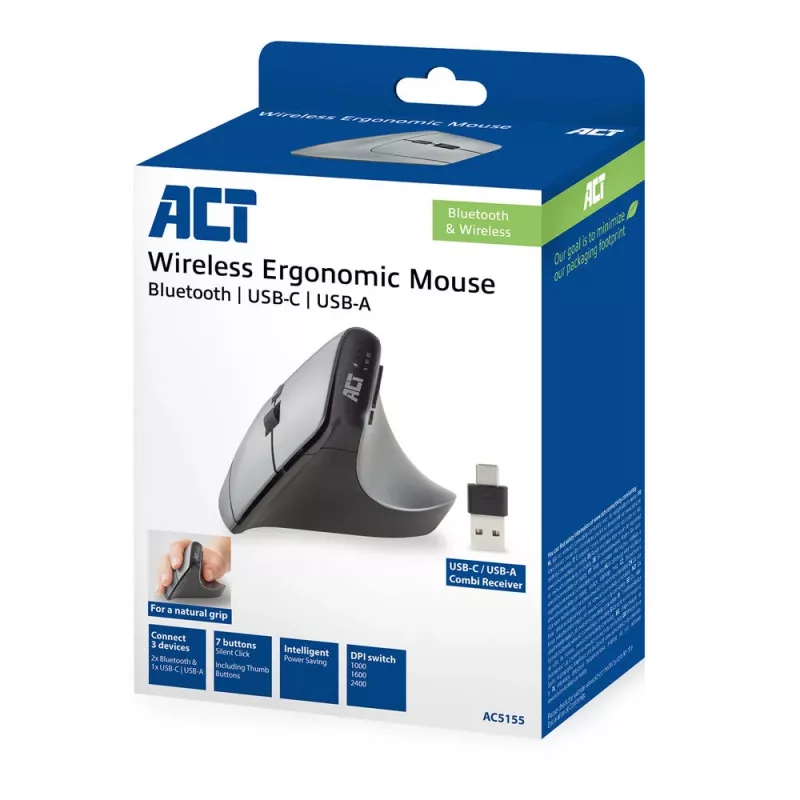 Ratón ergonómico inalámbrico ACT con Bluetooth y USB-C/USB-A