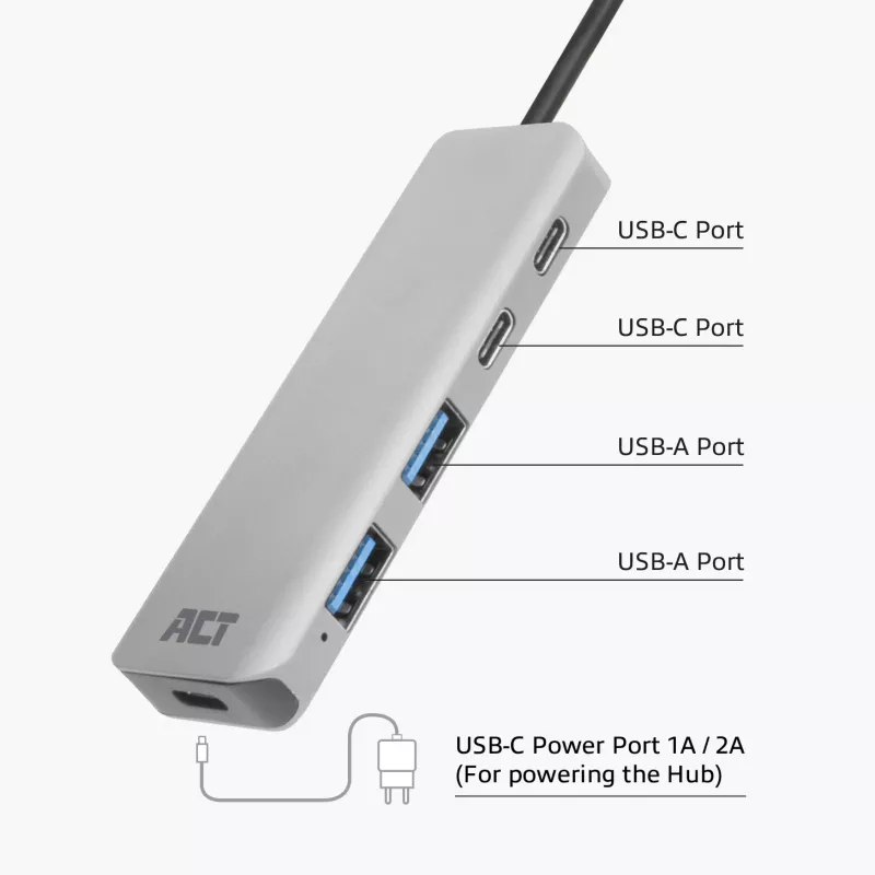 Hub USB ACT AC6125 3.2 Gen 1 Type-A 5000 Mbit/s gris