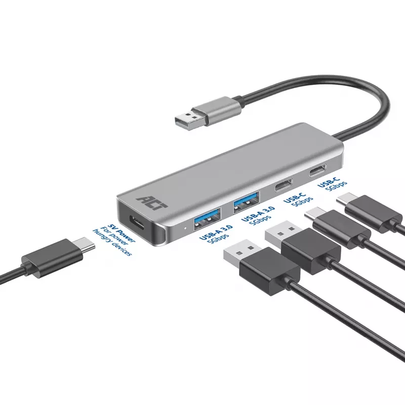 Hub USB ACT AC6125 3.2 Gen 1 Type-A 5000 Mbit/s gris