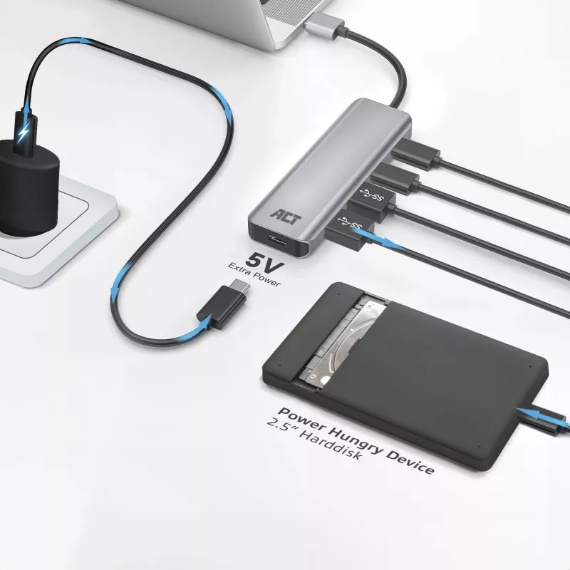 Hub USB ACT AC6125 3.2 Gen 1 Type-A 5000 Mbit/s gris