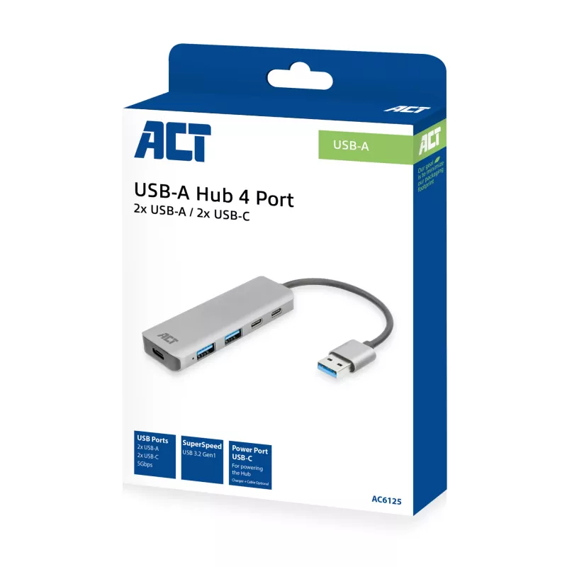 Hub USB ACT AC6125 3.2 Gen 1 Type-A 5000 Mbit/s gris